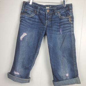 Silver capri factory distressed embroidered jeans size 28